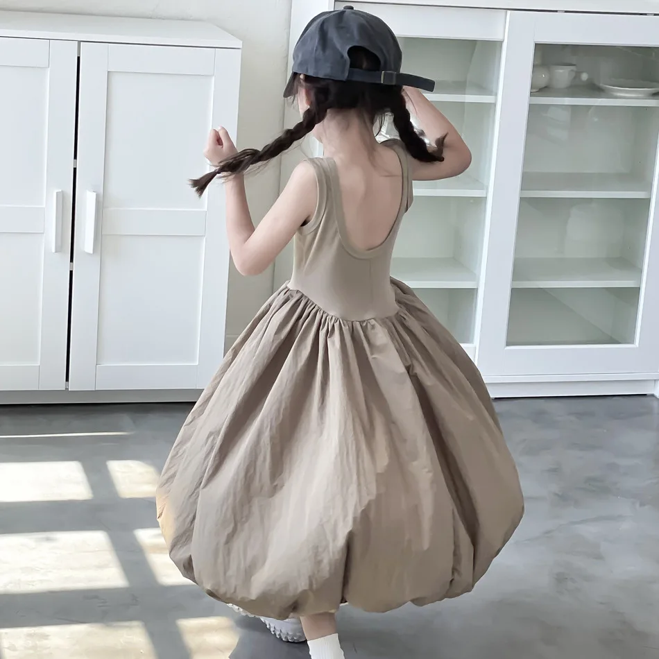 2024 New Summer Girls Summer Korean Backless Pompadour Flower Skirt Female Treasure Waist Sleeveless Dress Vest Long Skirt