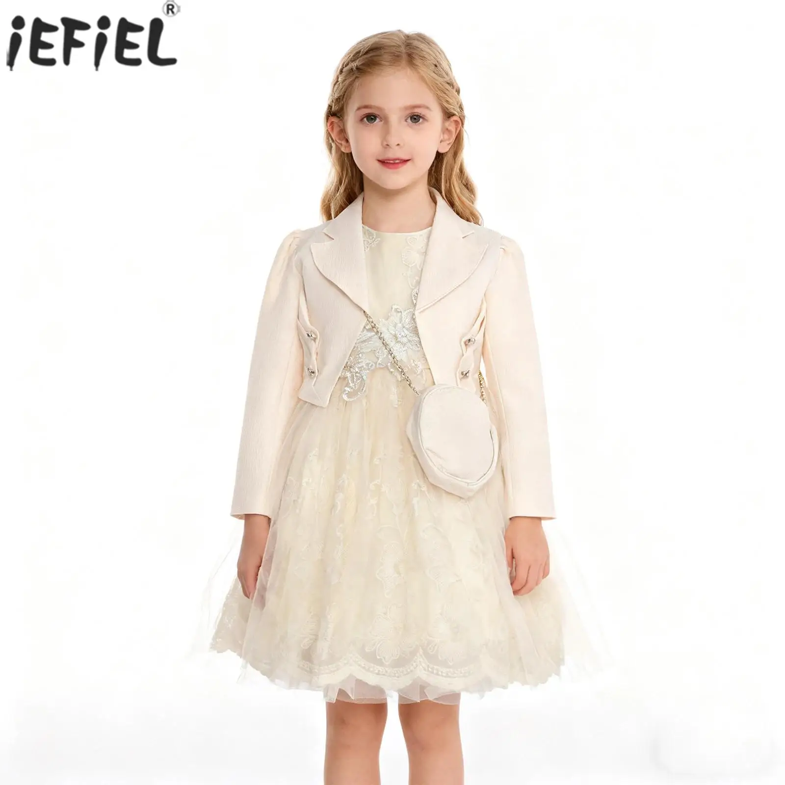 Girls Elegant Party Princess Gown Outfit Floral Embroidered Tulle Tank Dress with Cardigan And Bag for Wedding Birthday Pageant