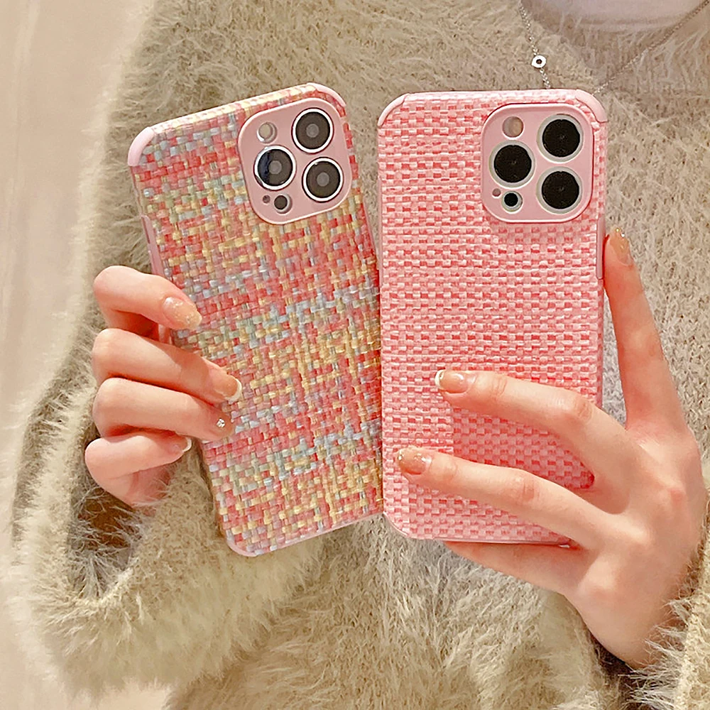 INS Internet Celebrity Woven Pattern Phone Case For iPhone14 13 12 11 Pro Max X XR XS 7 8Plus Fashion Lens Protective Back Cover