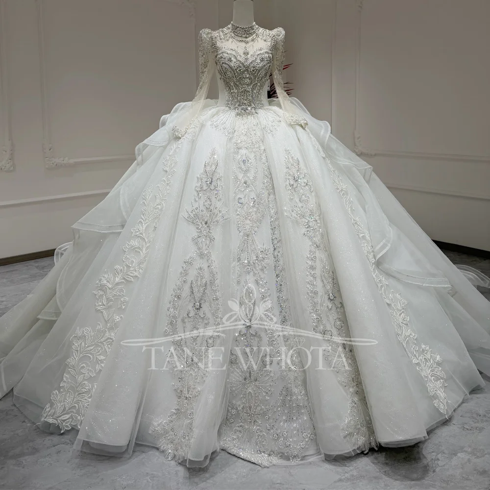 

Customizable Turtle Bridal Gown With Pearls Beading And Crystal Long Sleeves Elegant Wedding Dress