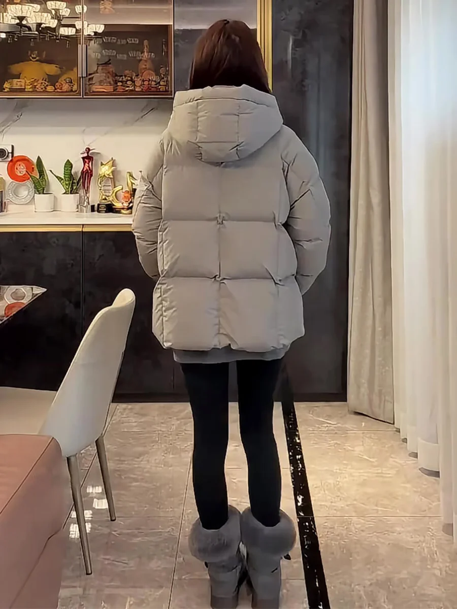 Jaqueta Feminina com Capuz, Estilo Coreano, Ajuste Solto, Casaco Quente de Comprimento Médio, Gola Alta, Roupa de Inverno