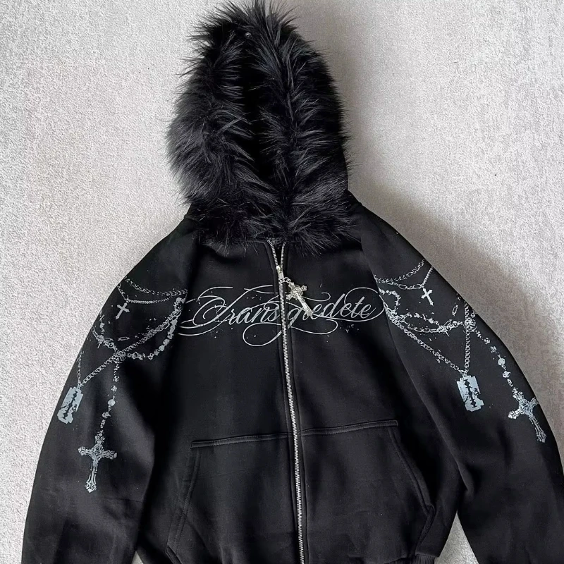 2026 New Autumn Winter Fashion Streetwear Women's Gothic Faux Fur Hooded Jacket Cross Print Trendy Edgy Zip-Up Leisure Hoodie - view 2