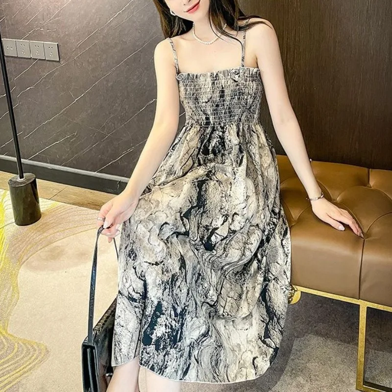 Summer Women's Solid Color Camisole Shirring Sleeveless Plant&Flowers Printing Gradient Pullover Beachy Office Lady Dresses