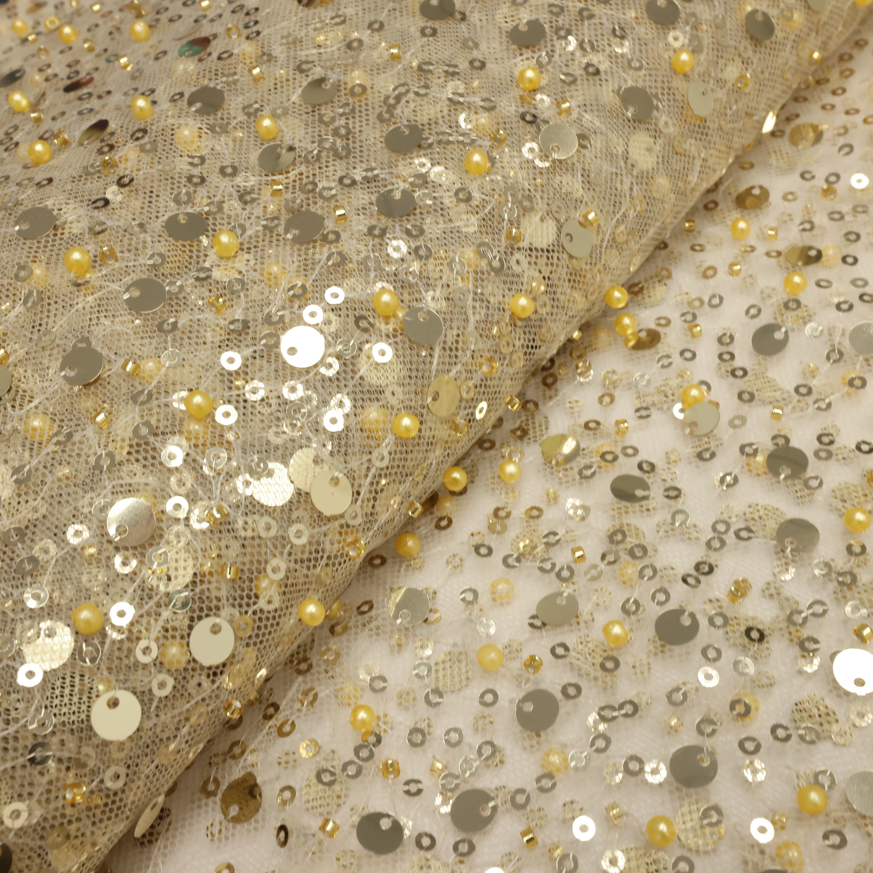 French Elegant Beaded Lace Fabric With Sequined Hot Sale African Lace Material Nigerian Tulle Mesh Lace Fabrics Wedding Dress