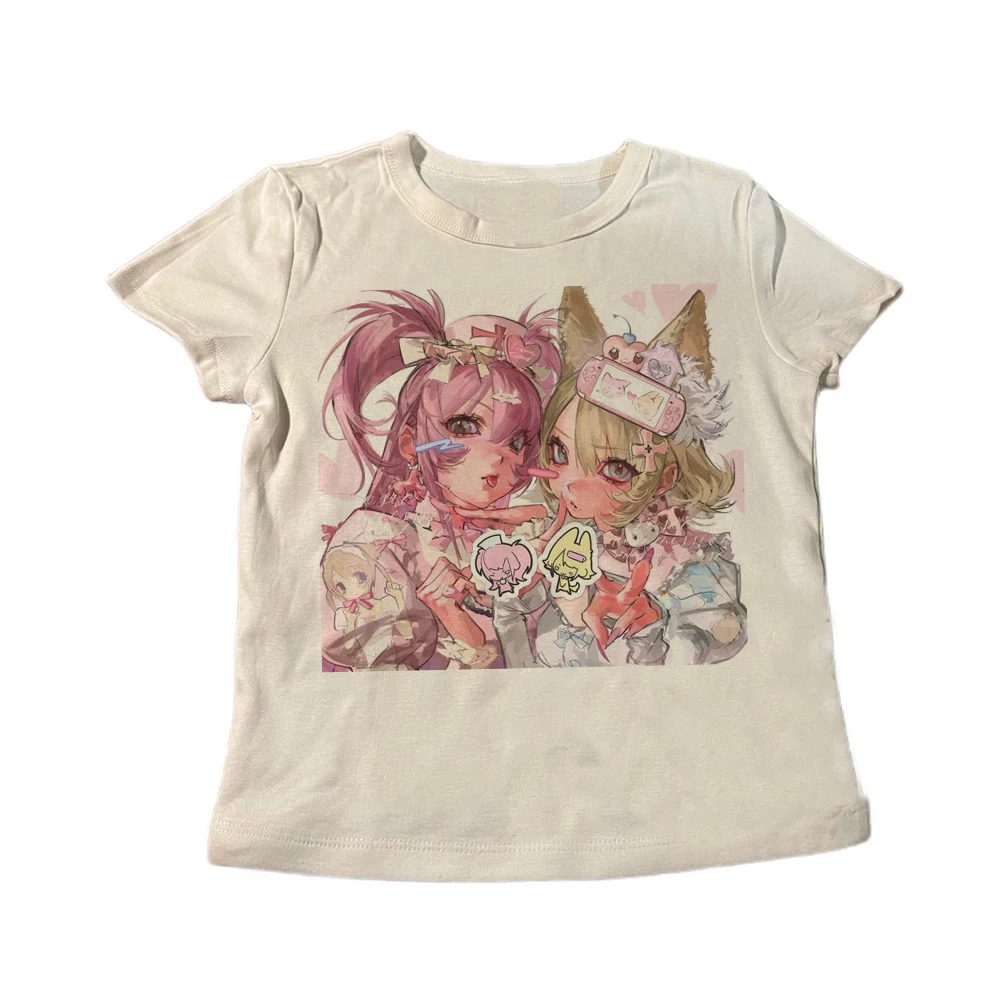 Kawaii Neko Twin Anime Girls Print Women Long Sleeve T-Shirt Round Neck Slim Fit Y2K Harajuku Pastel Grunge Egirl Streetwear Top