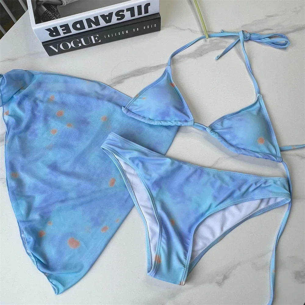 Tie Dye Bikini Backless Micro Bikinis Extreme Cover-up Trend Swimsuit Vacation Swimwears Women 3-piece Beach Bath Suits Biquinis