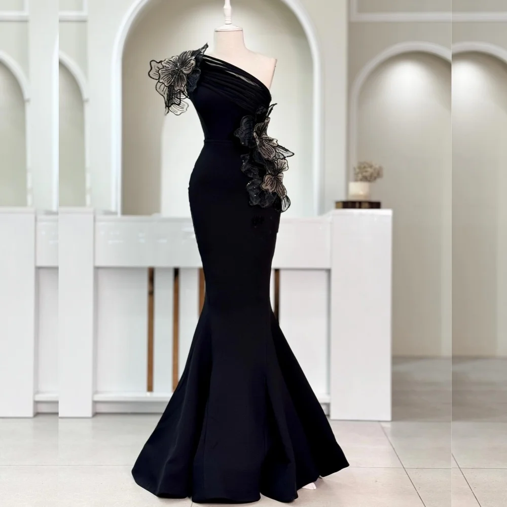 

Customized Elegant Exquisite Jersey Flower Pleat Trumpet One-shoulder Long Dresses Bespoke Occasion Casual
