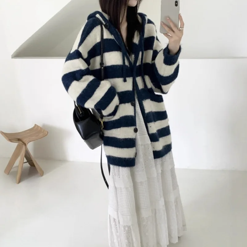 

Autumn and winter vintage loose contrasting long sleeved hooded striped mid length knitted sweater pullover sweater