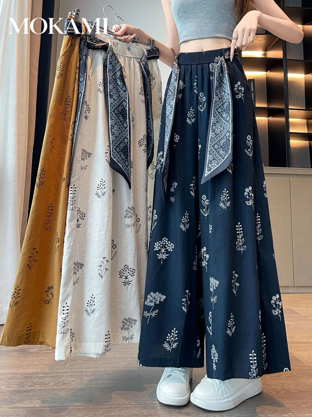 2026 Summer New Women Printed Ice Silk Linen Wide Leg Pants Thin Tie High Waist Loose Casual Cropped Trousers
