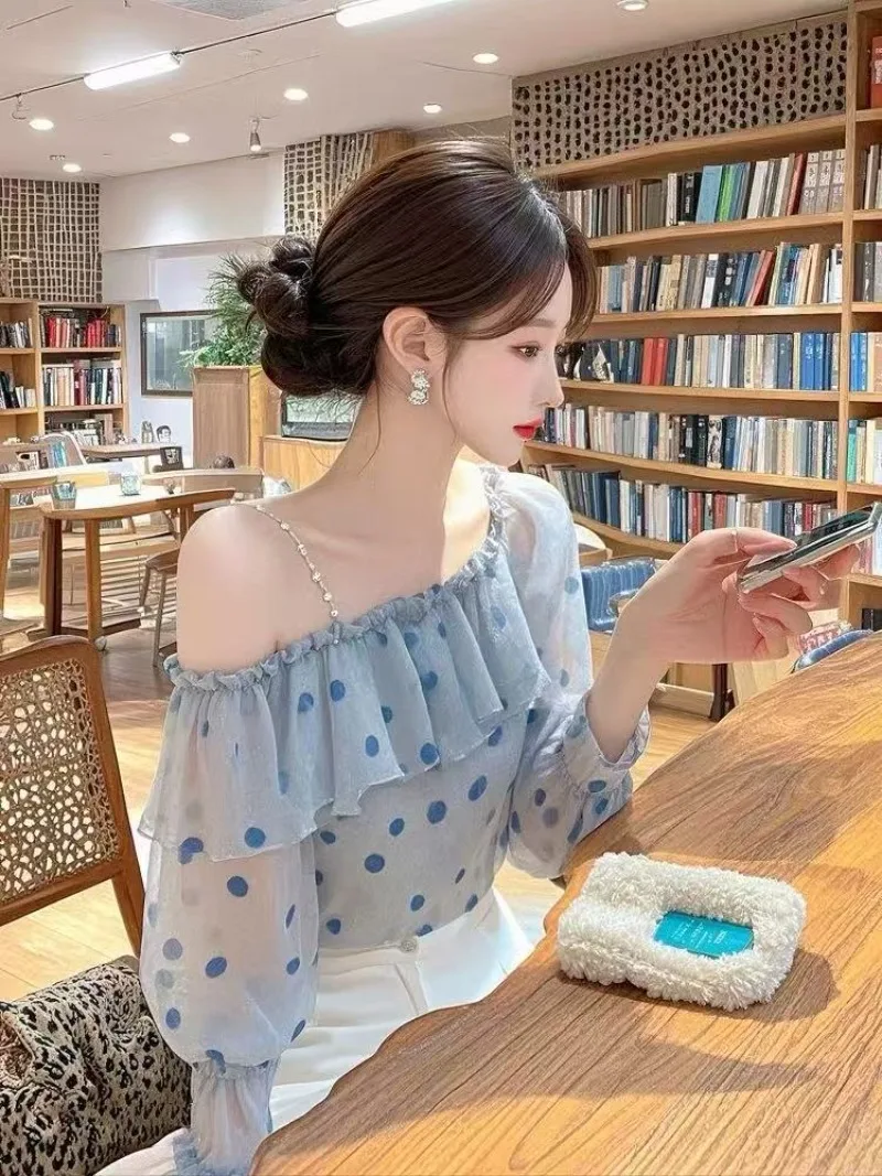 New Spring French Light Luxury Fashion Women's Blouse High End Elegant Slim Polka-dot Ruffle Edge Long Sleeved Slash Neck Top