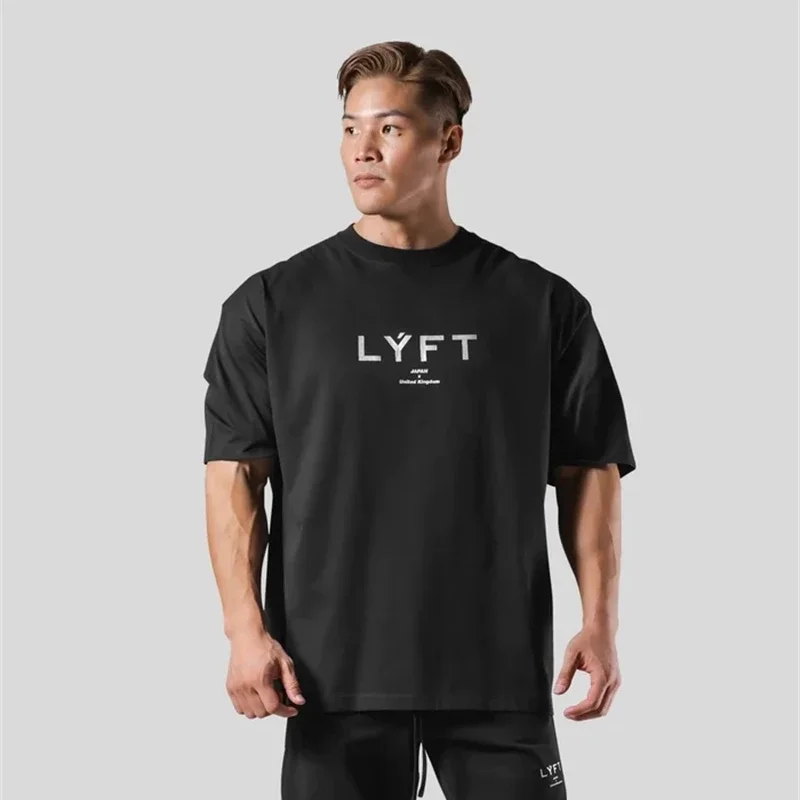 LYFT FLAG Print Sports Short Sleeved T Shirt Men Loose Fitness Running Training T-shirts Summer 100% Cotton Sportswear Tops