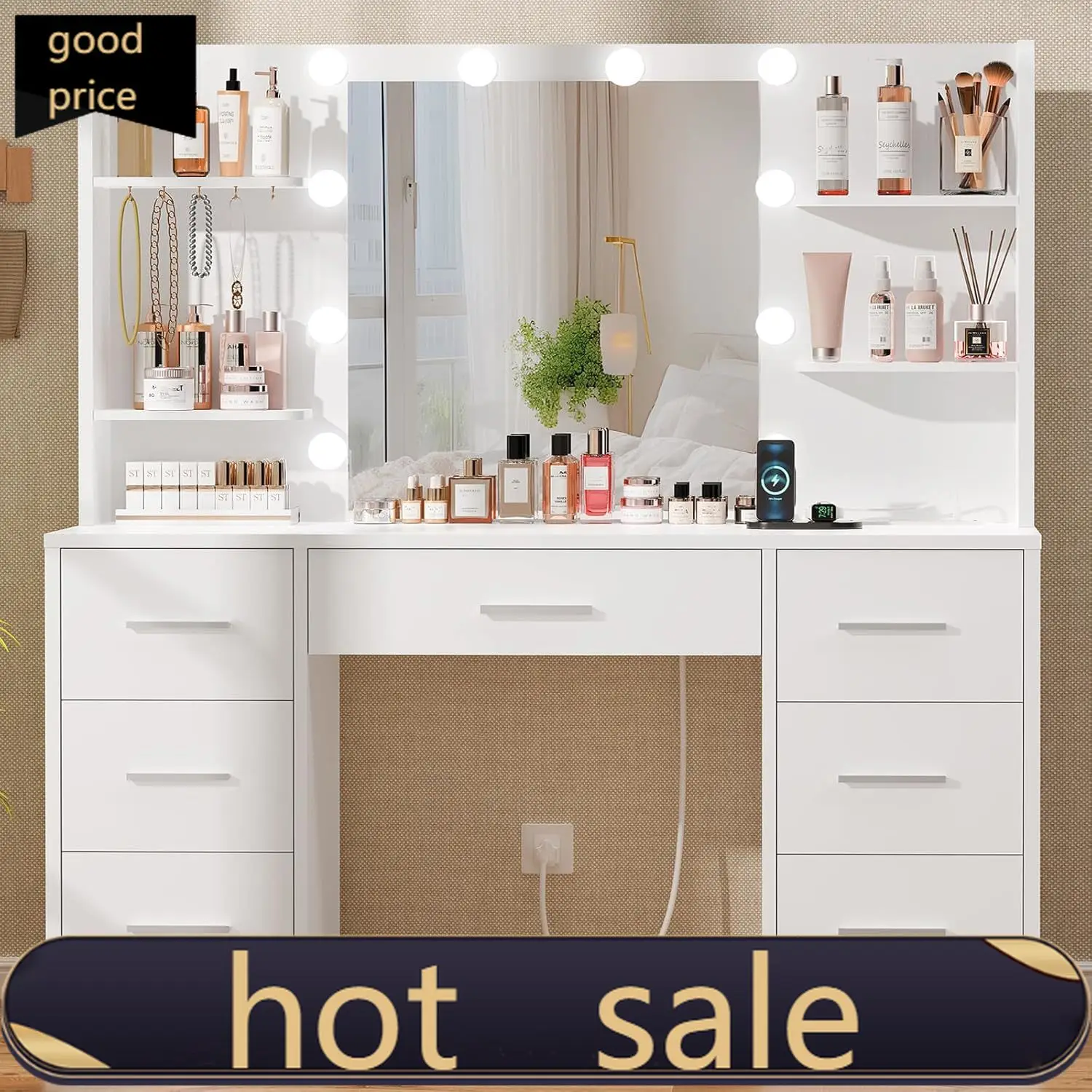 Quimoo Large Vanity Desk with LED Lighted Mirror & Power Outlet,Makeup Vanity Table with 7 Drawers,4 Shelves and 5 Hooks,Vanity