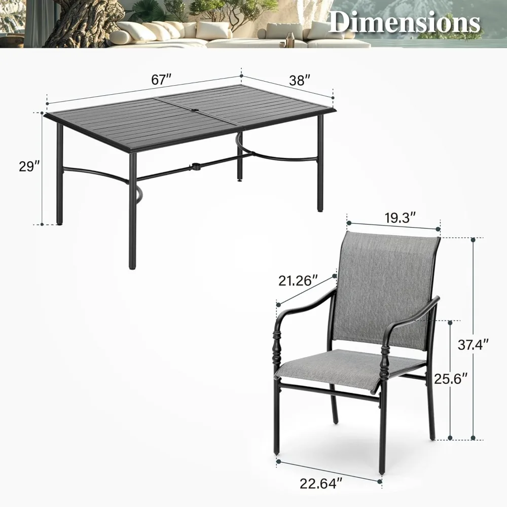 Juego de comedor al aire libre, mesa rectangular de metal de 67" con elegantes sillas con reposabrazos para jardín, patio trasero, juego de comedor al aire libre de 7 piezas