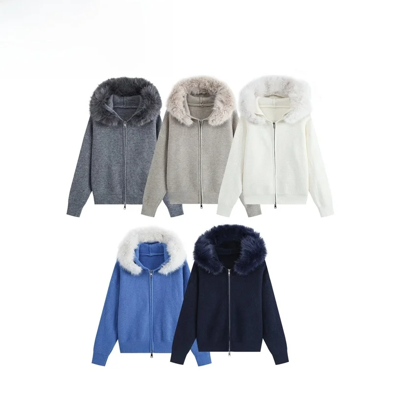 Fashionable Knitted Hat Coat Women's Polyester Fiber Long Sleeve Short Style Zipper Closure Waffle Pattern Fur Collar Jacket