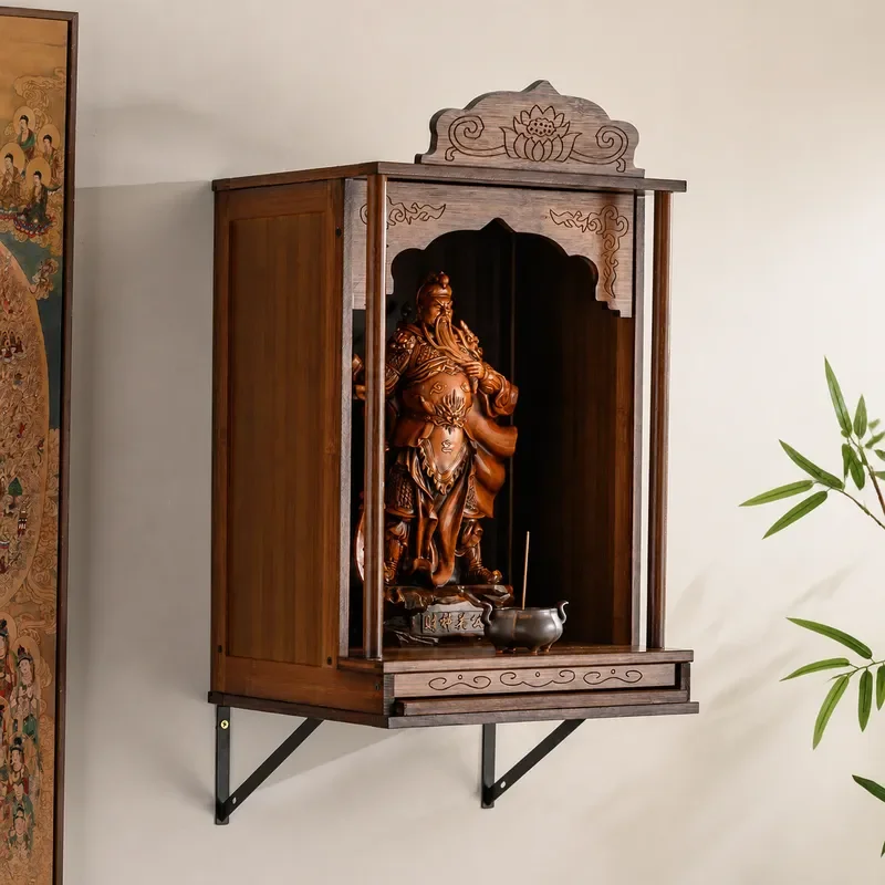 Wall Mounted Buddha Niche Small Shrine Offering Platform God Position Cabinet for Wealth God Placement Incense Holder for