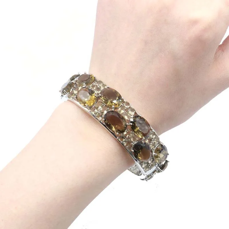 24x20mm Eye Catching Big Size 51.2g Green Amethyst Smokey Topaz Violet Tanzanite Peridot Silver Bangle Bracelet Length 7.5inch