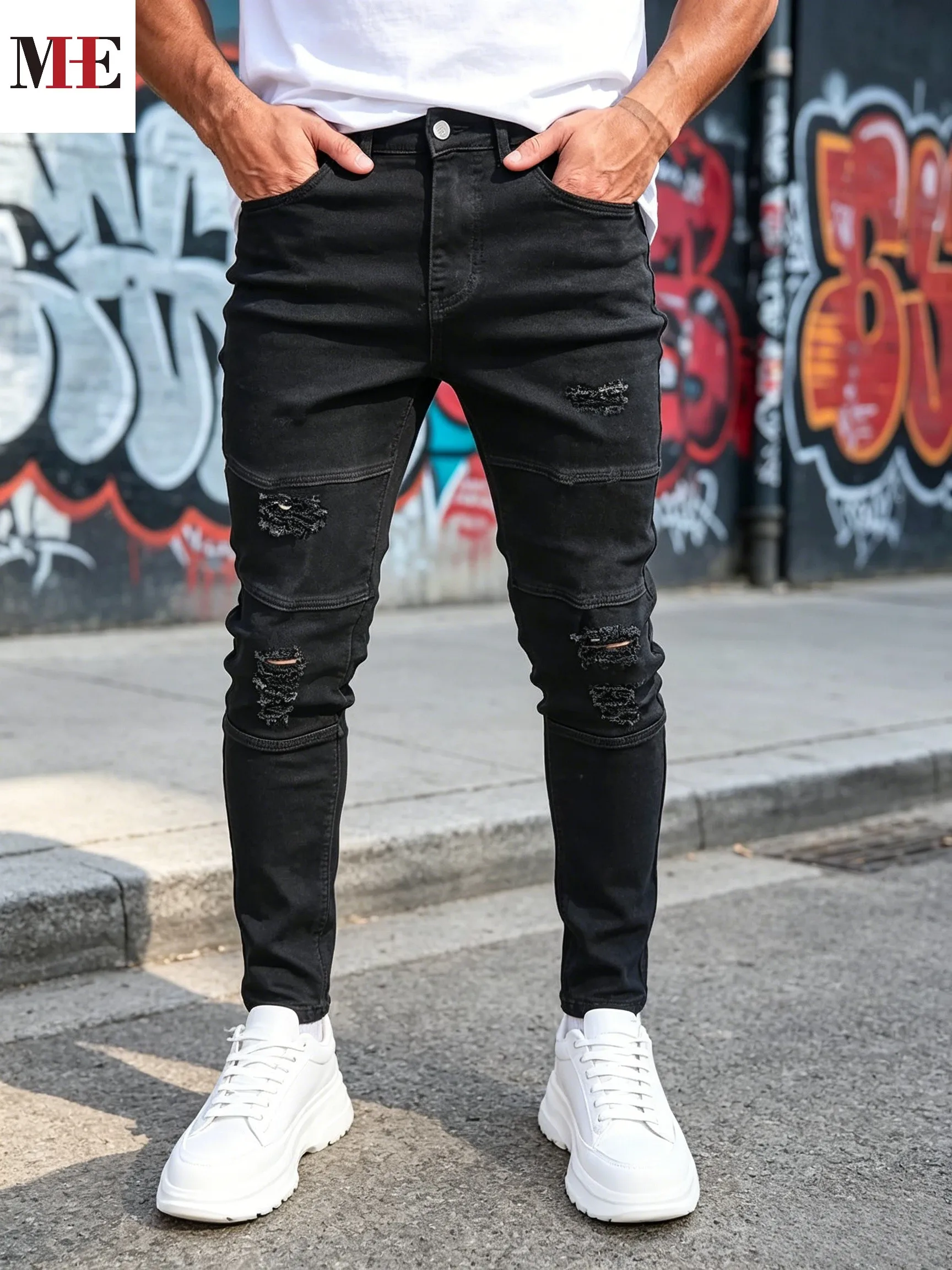 【HME】Men's Jeans | American Moto Street Solid Black Washed Denim Pants Highlighted by Layered Stitching and vintage Frayed Tear Decor, Tailored Slim Cut Wear-Resistant Denim Cloth, Essential Staple Pants for Men's Trendy Daily Outfits