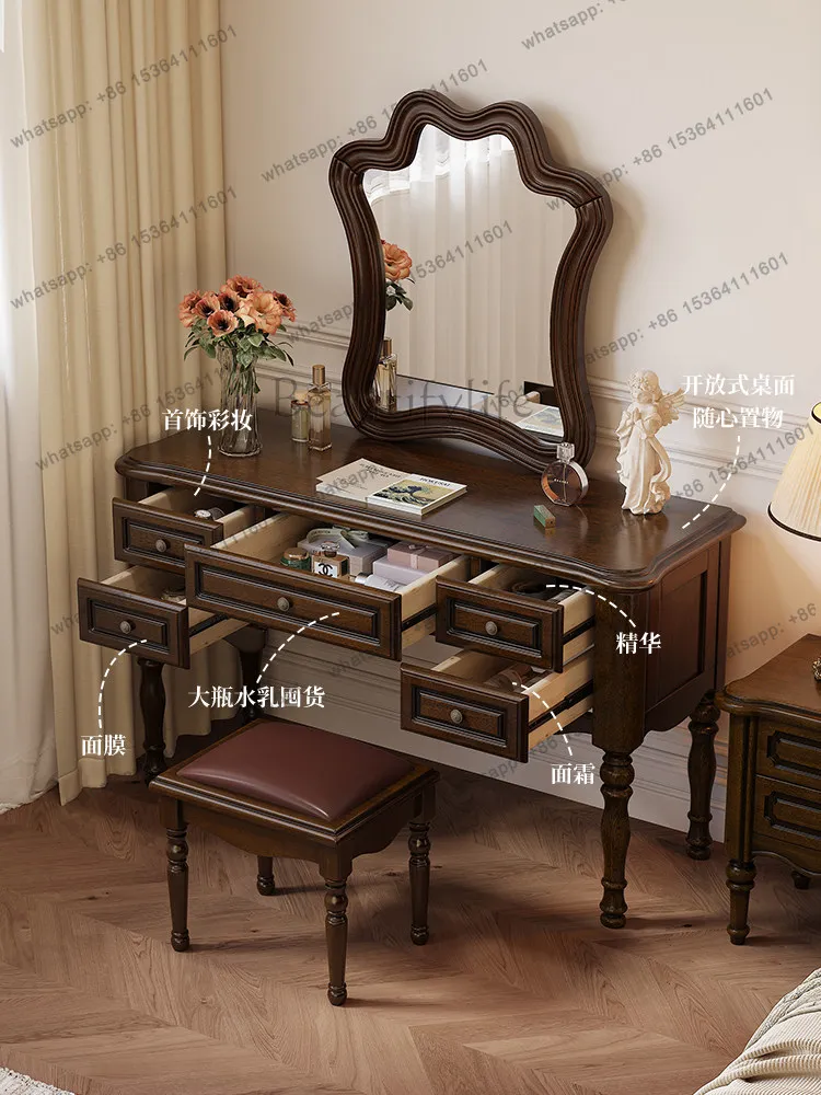American retro country solid wood with makeup mirror, makeup table, storage cabinet integrated