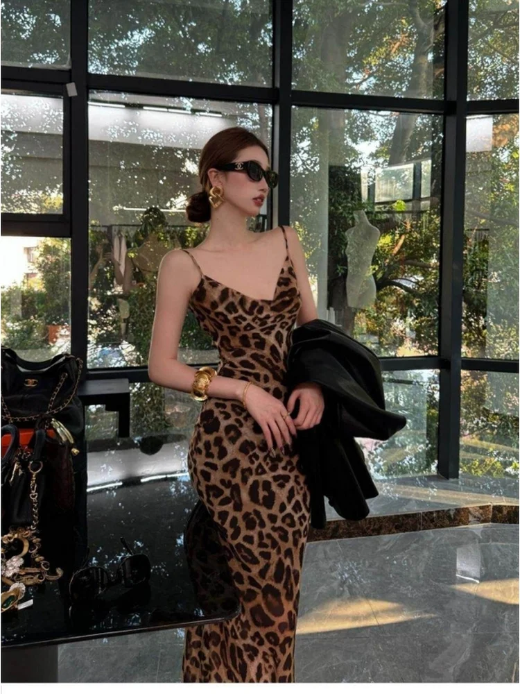 Sexy Spicy Girl Dress Women's Strap Leopard Print Split Long Skirt Island Vacation Atmosphere Sensual Summer Sleeveless Gown