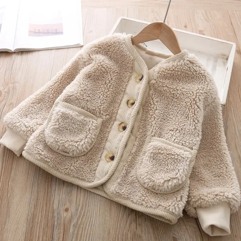 2022 Fall Winter Korean Boys Clothes For Girls Cardigan Granular Velvet  Loose Lamb Velvet Warm Children\'s Jacket Coat For Girls