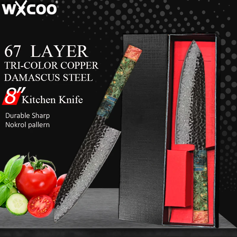 WXCOO Professionelles Kochmesser, handgefertigt, geschmiedeter Damaststahl, individuelles 20,3 cm großes Küchenmesser, Fleischbeil, Obstschneidemesser