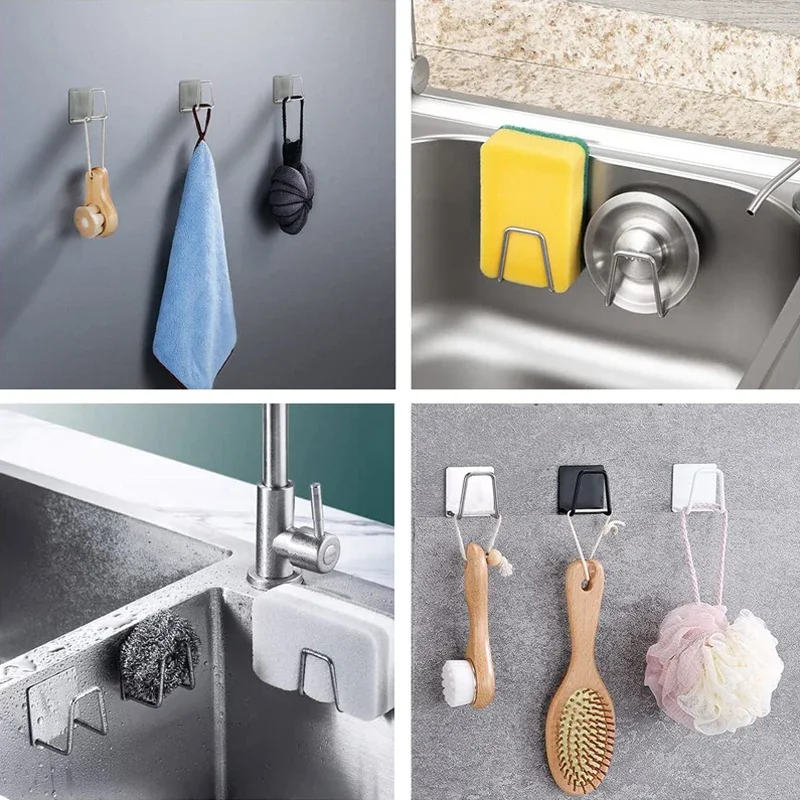 3/1Pcs Self-Adhesive Sink Sponge Holder Stainless Steel Wall Hooks Kitchen Cleaning Sponges Drain Drying Rack Sink Rag Organizer