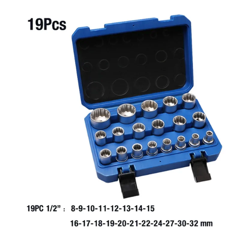 

12 Point Socket Wrench Set Lock Socket Torx Hex Torx Splined Bit Socket Set 1/2” Hex Repair Tool Kit 8-32mm