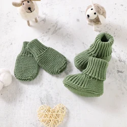 Newborn Baby Shoes + Gloves Set Knit Infant Girl Boy Boots Mitten Fashion Solid 2PC Toddler Kid Slip-On Bed Shoes Handmade 0-18M