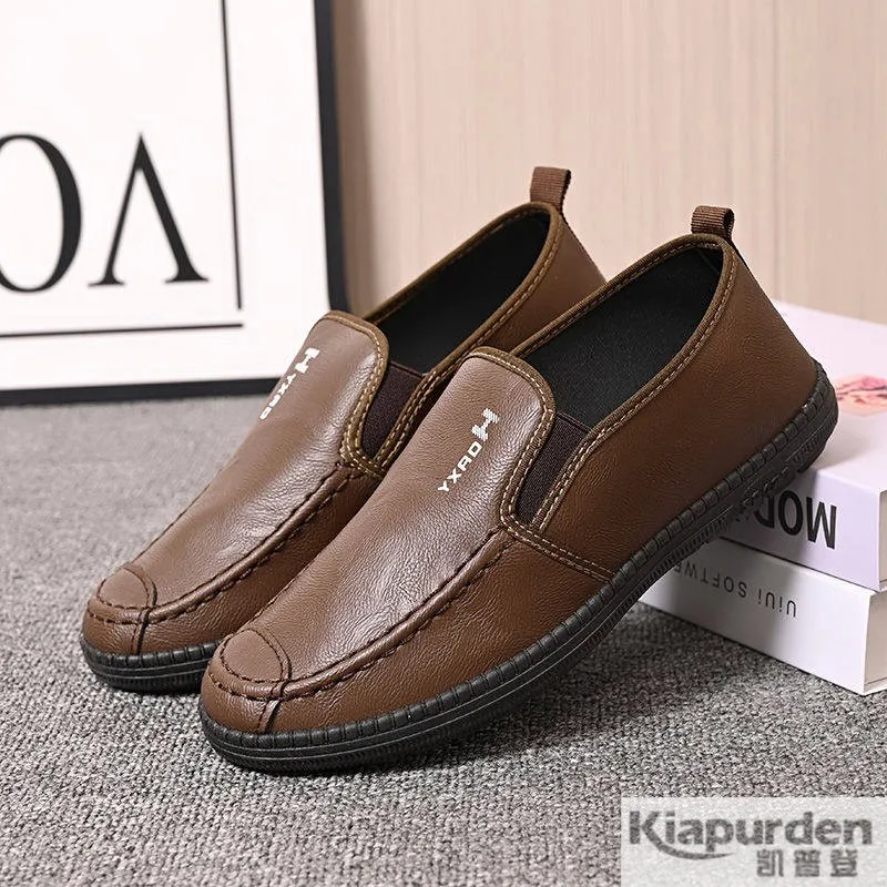

Men's Casual Soft Leather Shoes Anti-Slip Oil-Resistant Waterproof Breathable Chef Bean Shoes Dad One-Step Shoes Rubber Sole