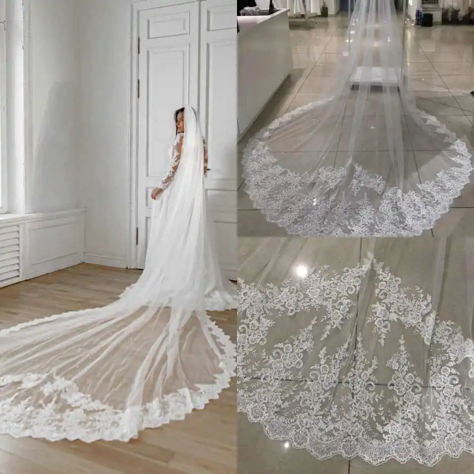 

Elegant 3M Wedding Veil Cathedral Length One Layer Appliques Bridal Veils Lace Edge For Bride Customized