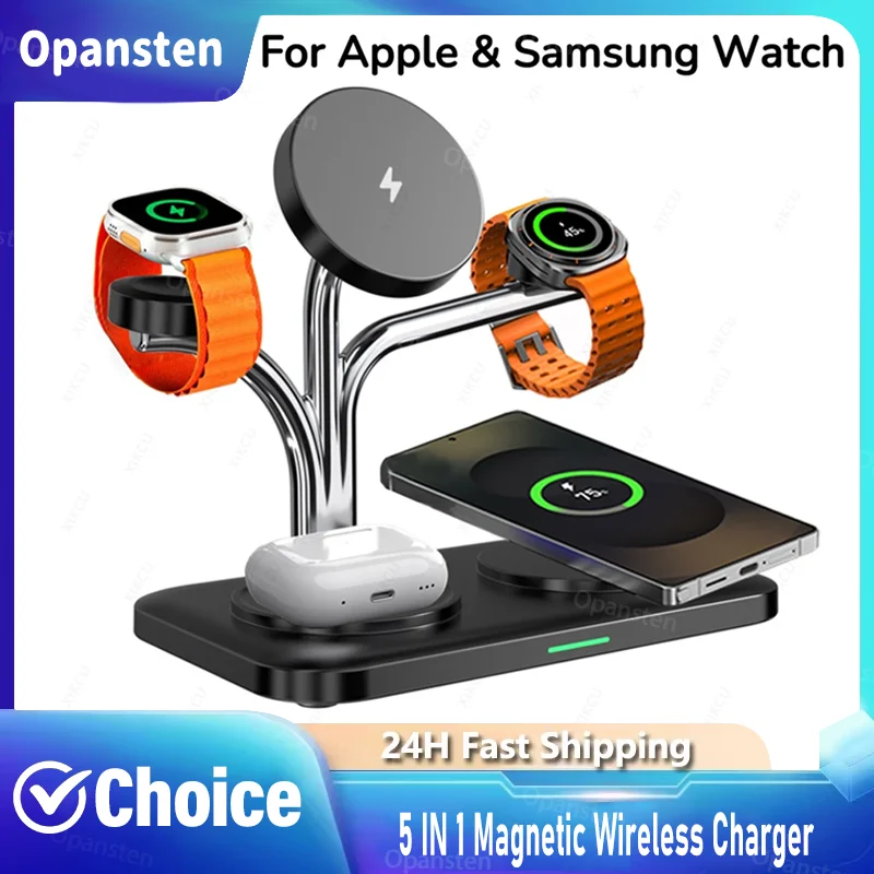 5 IN 1 15W Magnetic Wireless Charger Dual Phone Watch Fast Charging For iPhone 17~12 Samsung Apple/Galaxy Watch Aipods Pro/Buds