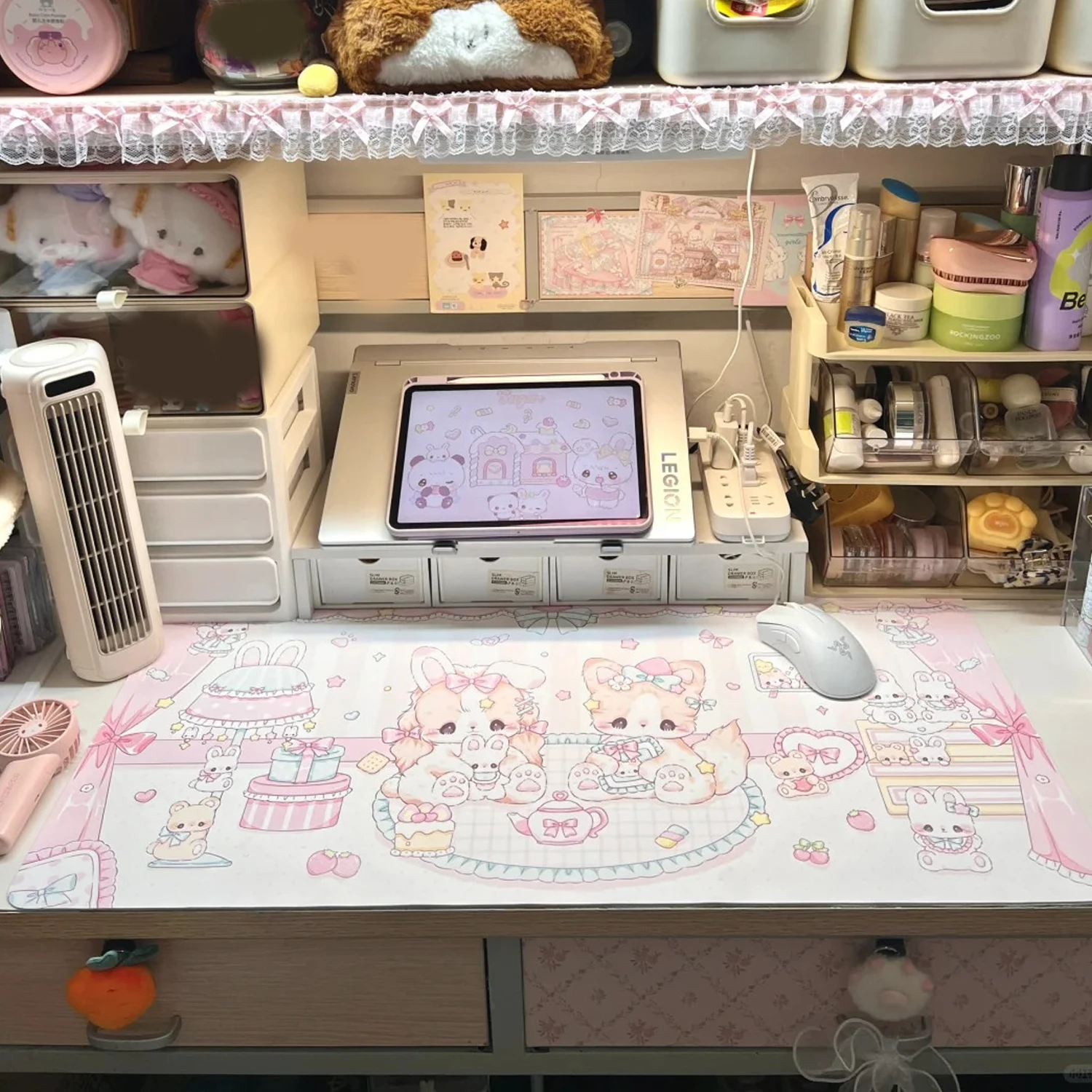 Pink Bunny Room Original PU Leather Mouse Pad | XXL Kawaii Waterproof Non-Slip Study Office Desk Mat for Girls