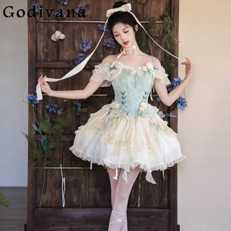 

Green Ballet Style Cake Dress for Women Sleeveless Lolita Bow Original New Dress Female Birthday Party Lolita Princess Dress