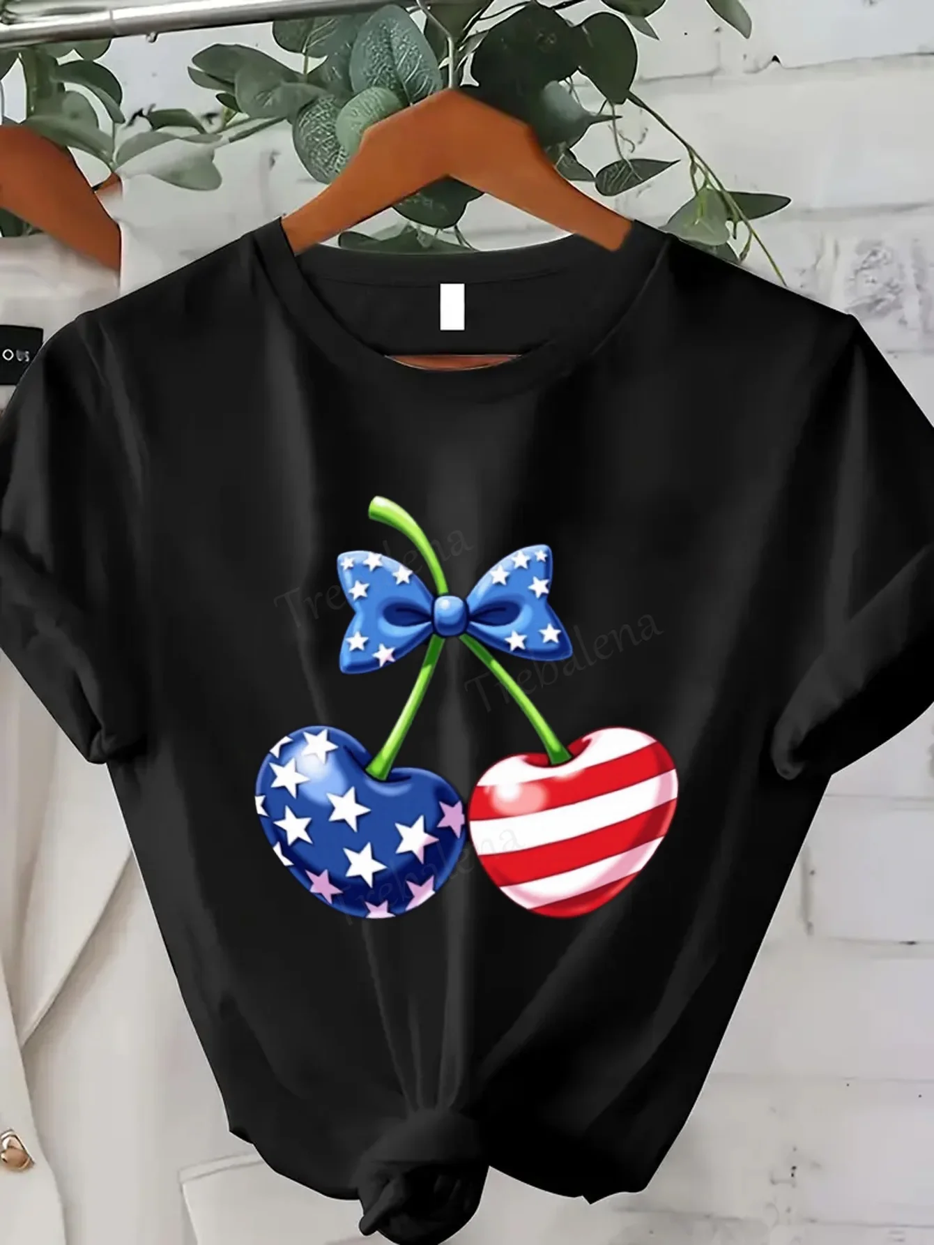 Women T-shirt Patriotic Cherry Print T-Shirt for Women, USA Flag Design, Casual Summer Top