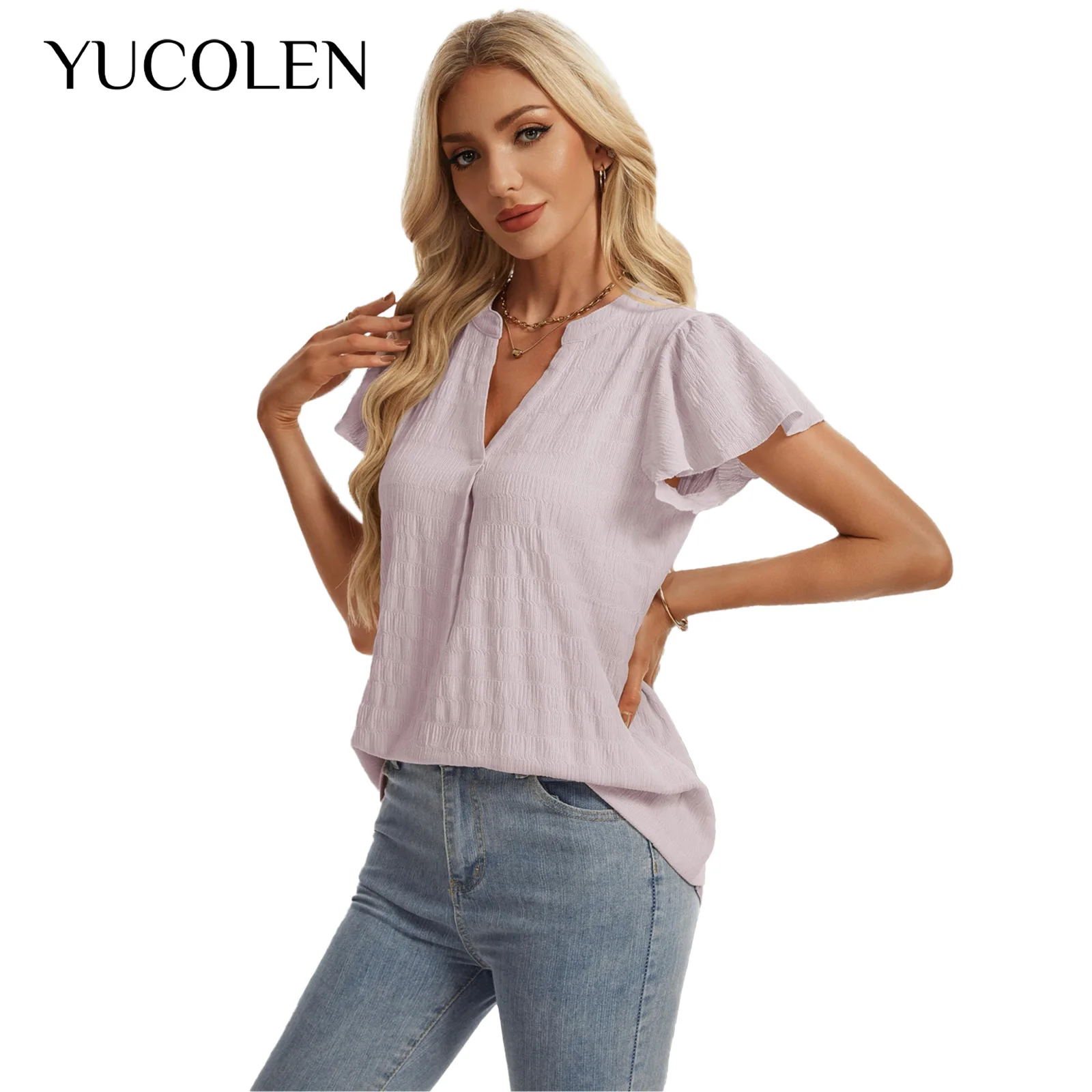YUCOLEN Womens Textured Knit Tops Notch V‑Neck Flutter Ruffle Short Sleeve Blouse Loose Fit Solid Color Casual Office Summer T‑S