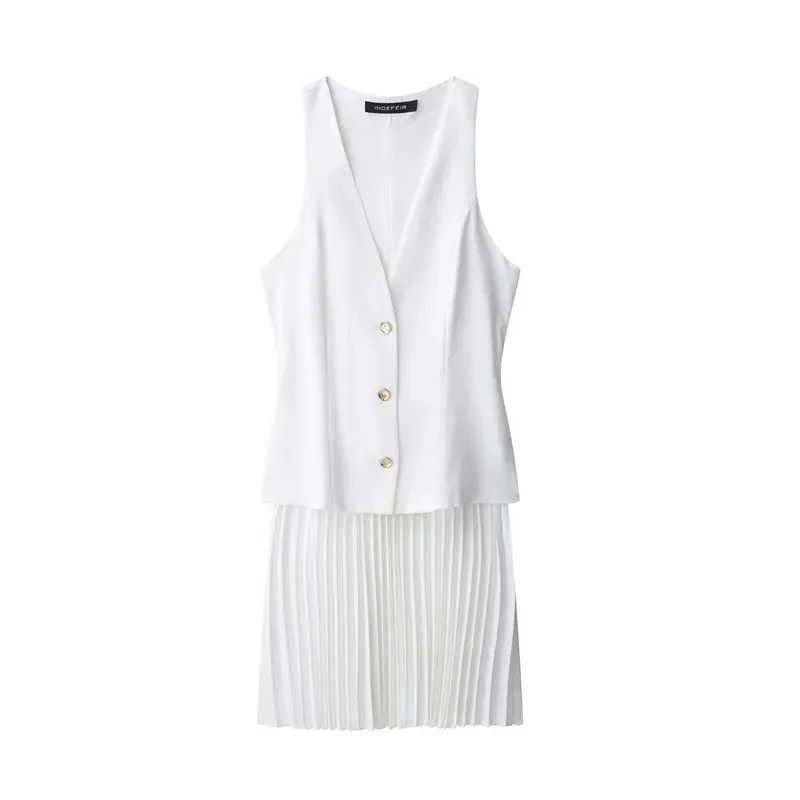 

Ladies Slim Fit Sleeveless V-Neck Pleated Mini Dress Single-Breasted Commuter Style Summer Party Female Fashion