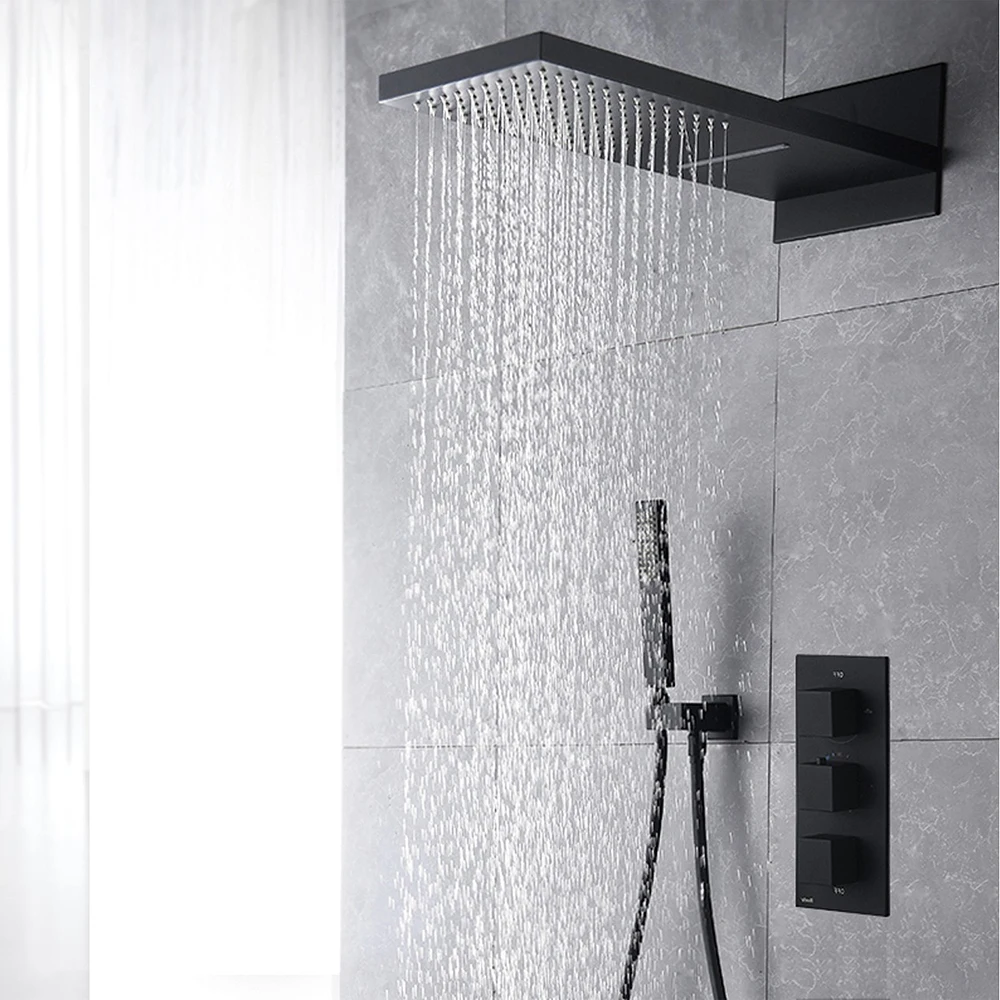

Manufacturer High Quality Black Finish Brass In-wall 3 Way Thermostatic Shower Mixer Rainfall Shower Head Bathroom Shower Set