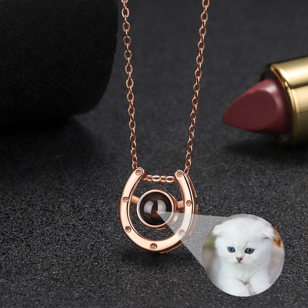 S925 Sterling Silver Projection Necklace for Women Personalized Custom Photo Horseshoe Pendant Choker Necklace Memory Jewelry