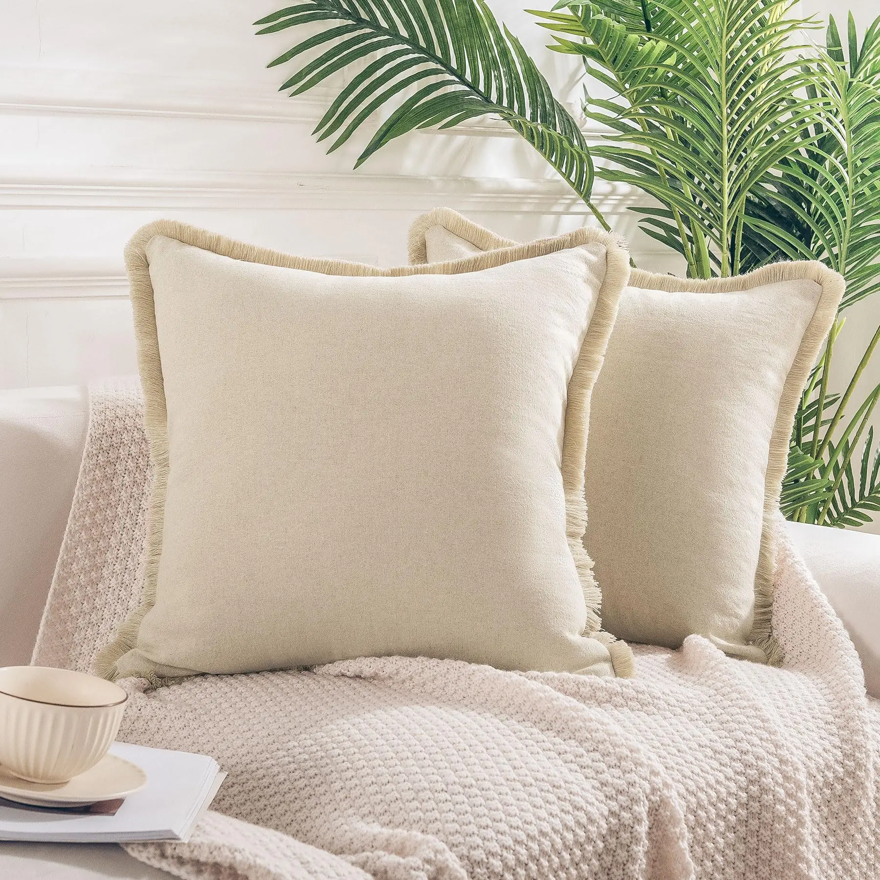 Boho Throw Pillow Covers for Couch Set of 2, Handmade Decorative Linen Pillow Covers Shams for Sofa Cushion Covers,  (NO Insert)