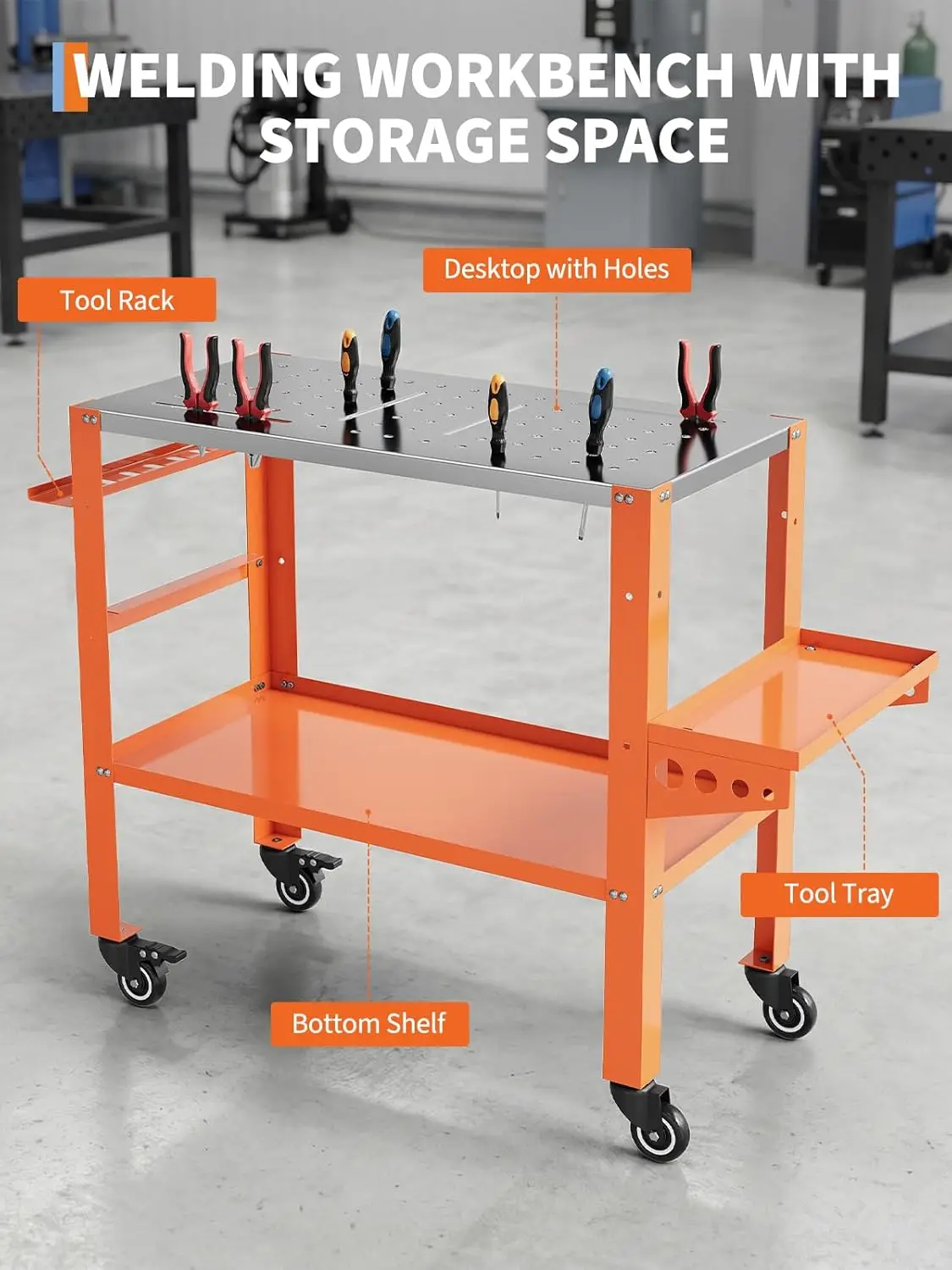 36 x 18 Inch Welding Table 1200 lbs Capacity Welding Workbench Table with Lockable Wheels,Tool Rack & Tray, Tool Slots and 5/8