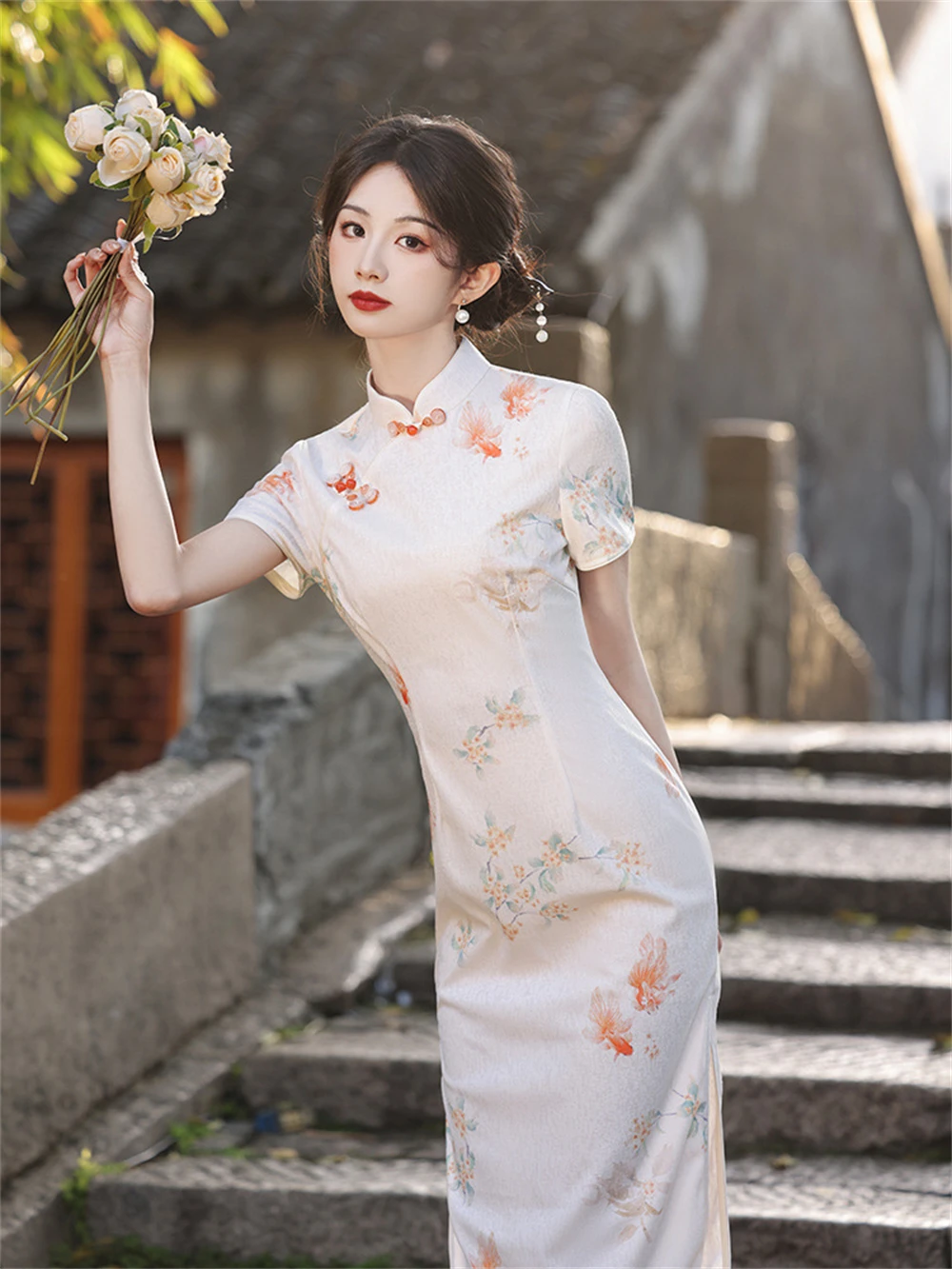 Cheongsam floral de peixe dourado vintage feminino, jovem, qipao tradicional chinês, manga curta fina feminina, vestido elegante de verão