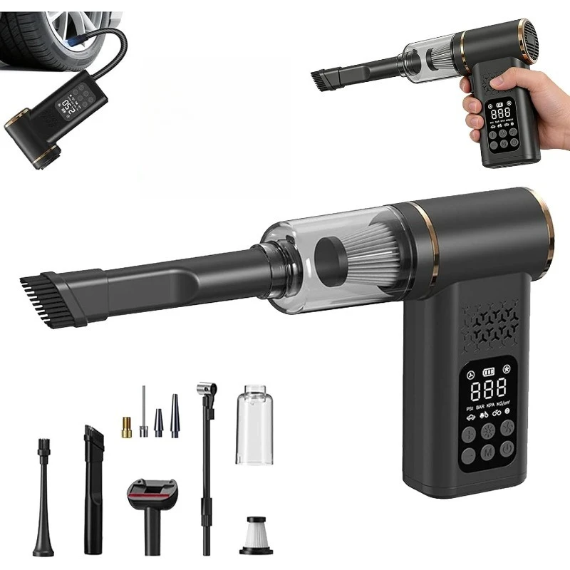 

Беспроводной автомобильный пылесос 5-в-1 с насосом для шин, LED-подсветкой и цифровым манометром, портативный, для автомобиля, дома, шерсти животных, мотоцикла