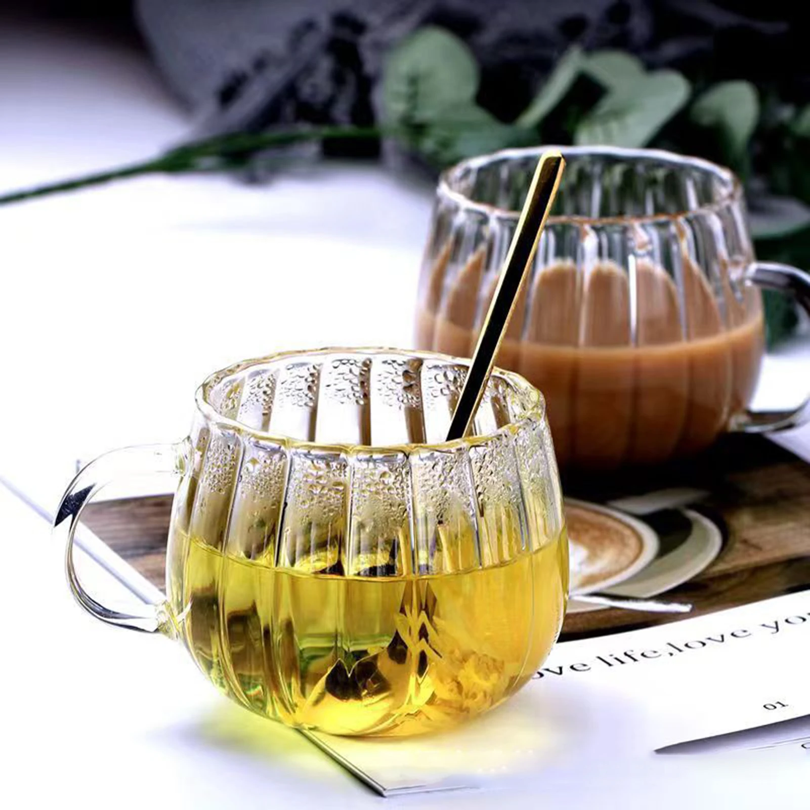 

350ml Pumpkin Shaped Ins Glass Coffee Cups Home Transparent Tea Milk Stripe Mug Fits Restaurants Cafes Elegant Decor Mugs