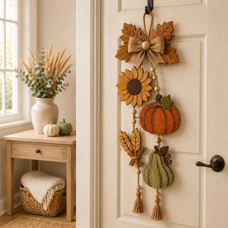 Fall Harvest Wooden Pendant – Pumpkin Sunflower Maple Door Decor with Burlap Bow Hanging Ornament