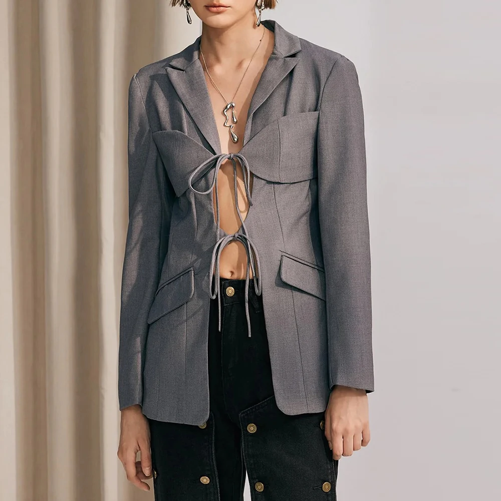 TWOTWurea-Blazer à lacets épissé évidé YLE pour femme, col cranté, manches longues, patchwork, poche, blazers chics pour femme, solide