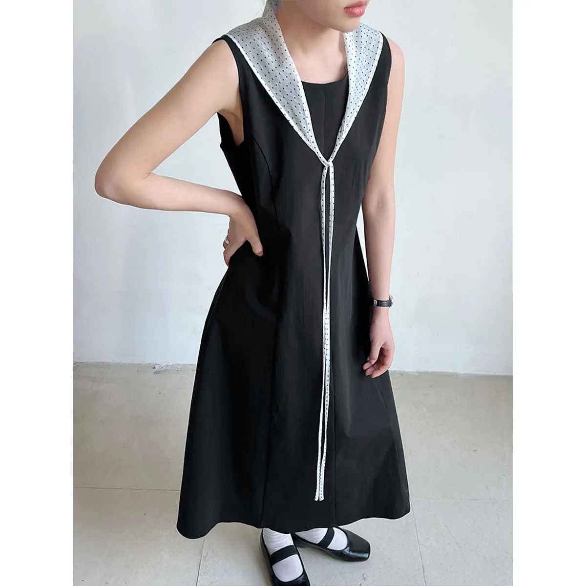 Lushi Korean Style Long A-Line Sleeveless Women's Dress Design Sensation Slimming Vest Dress Cotton round Neck Citywalk