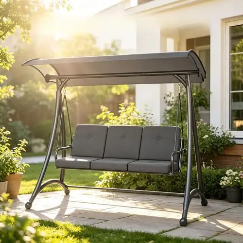 Outdoor Patio Swing, 3 Seat Porch Swing with Adjustable Canopy, Swing Chair for Backyard Garden Patio(Grey)