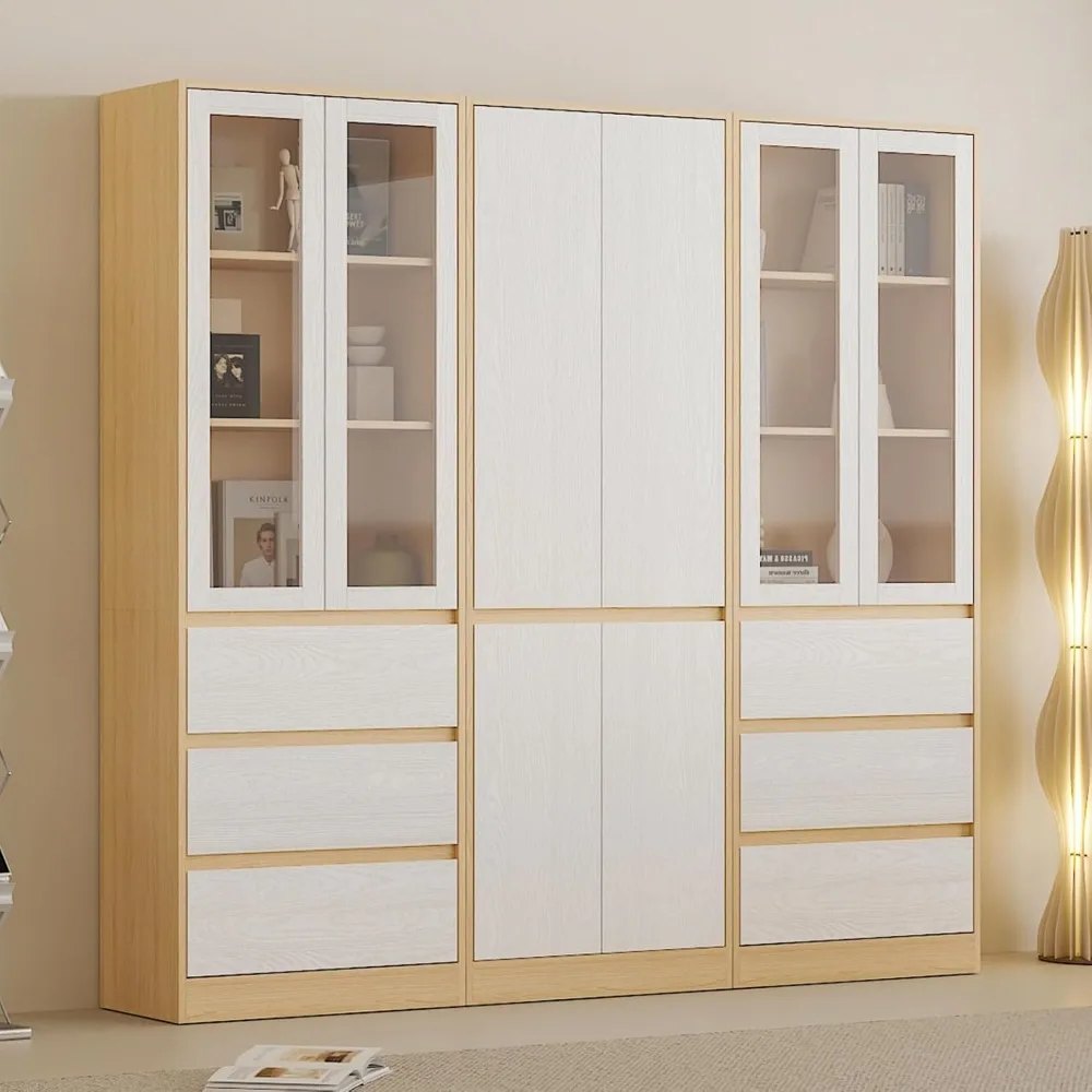 Kitchen Cabinets Bookcase with Drawers and Glass Doors, 5-storey Modern Bookshelf with Open Storage, Wooden&white Home Furniture