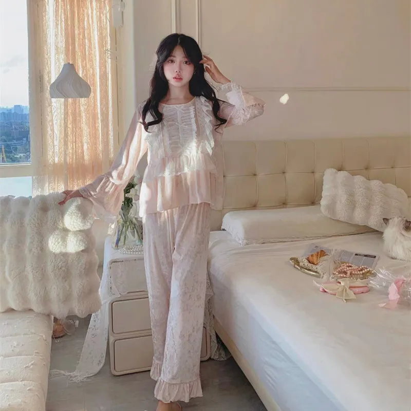 Velvet Girl Princess Style Pajamas Women French Court Sweet Lace Sleepwear Loungewear Black Nightgowns