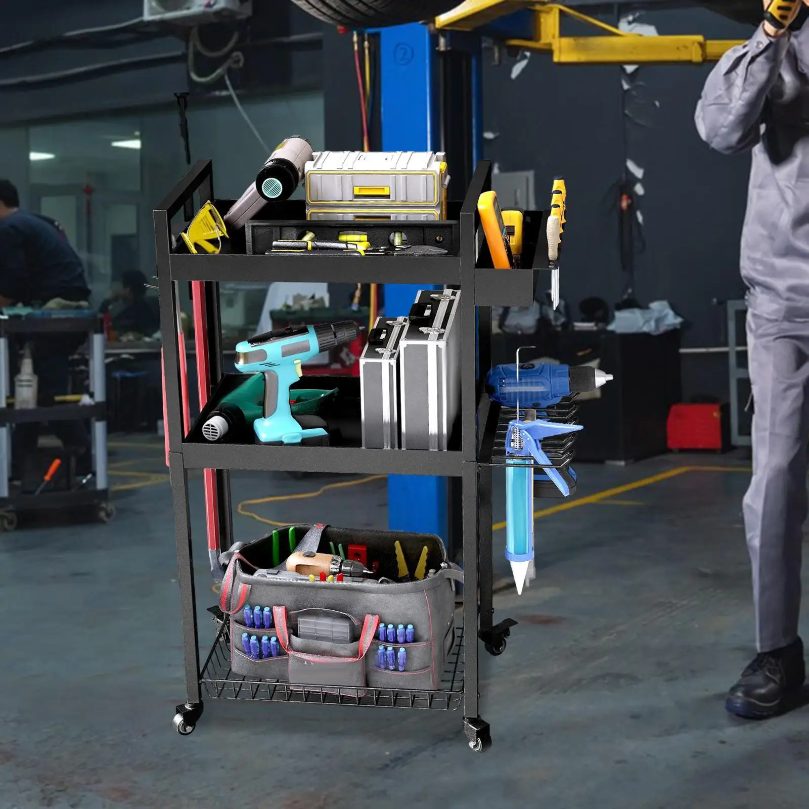 Power Tool Organizer Cart Sturdy for Garage Organizer Gifts Floor Standing with Wheels Heavy Duty Rolling Tool Cart for Office
